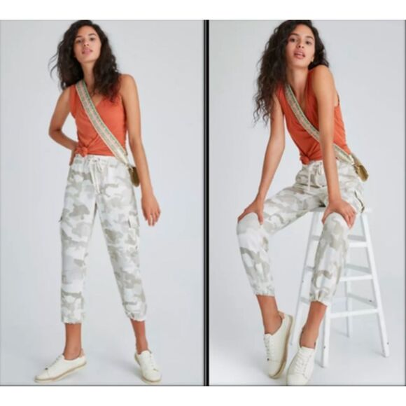Anthropologie Sanctuary Camo Linen Cargo Pants Stretch Waist Drawstring Sz XS - Picture 1 of 9